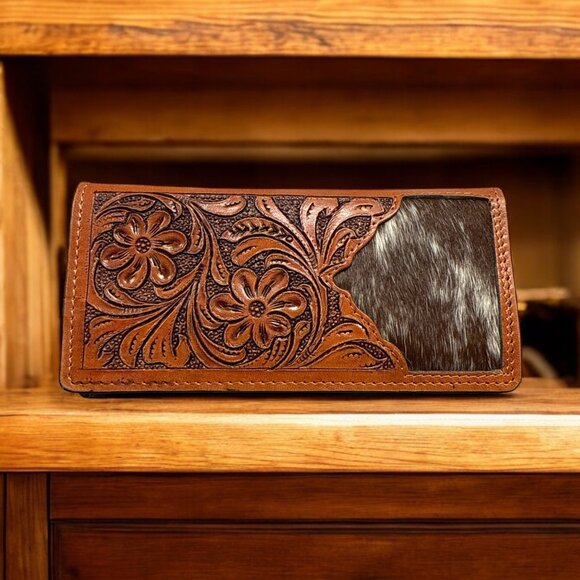 Hand Tooled Genuine Leather Hair on Hide Wallet - Picture 1 of 6